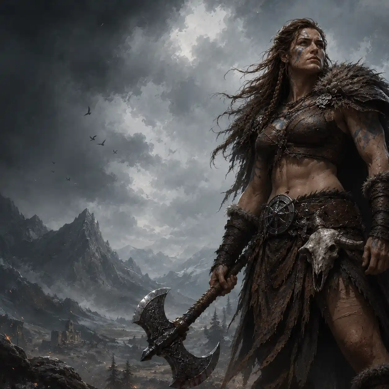 A female Barbarian standing as a powerful primal
			warrior prepared for battle.