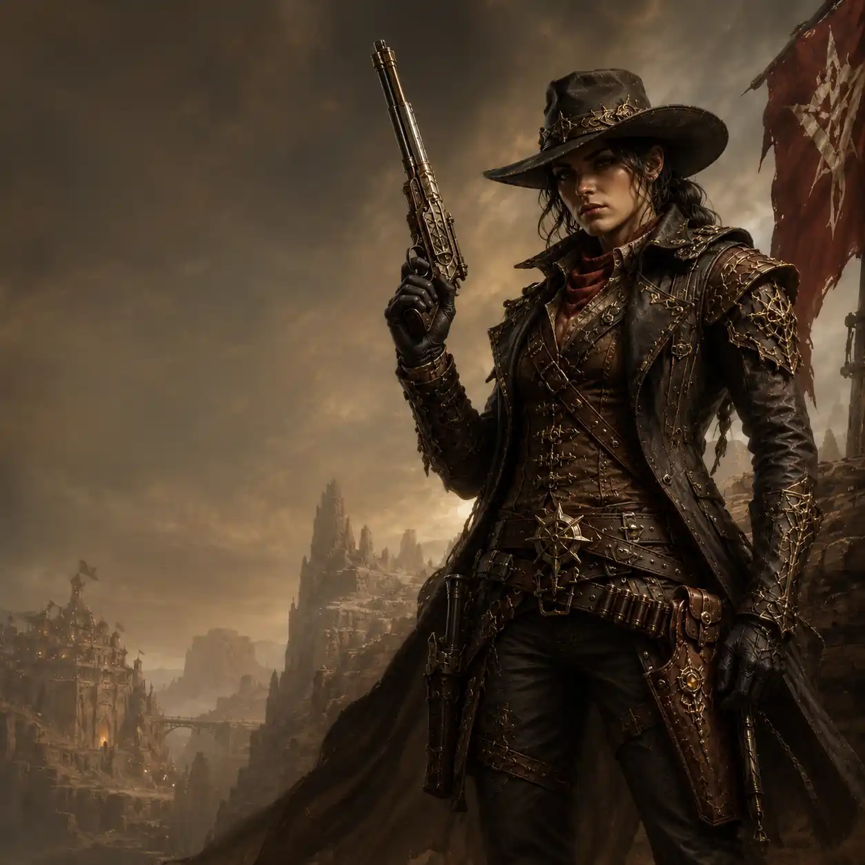 A female Gunslinger class portrait.